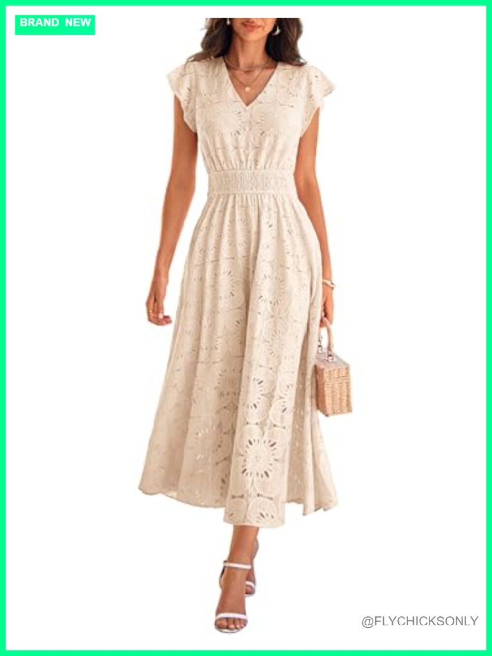 Women's Summer Floral Eyelet Maxi Dress V-Neck Ruffle Sleeve